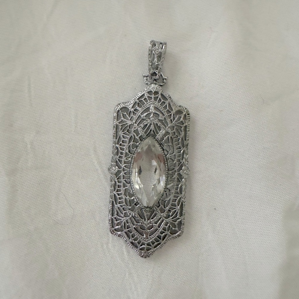 Art Deco style Silver tone filigree marquee faceted white Pendant